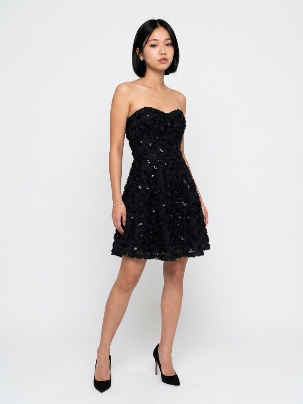 bebe Black Strapless Floral Sequin Cocktail Dress